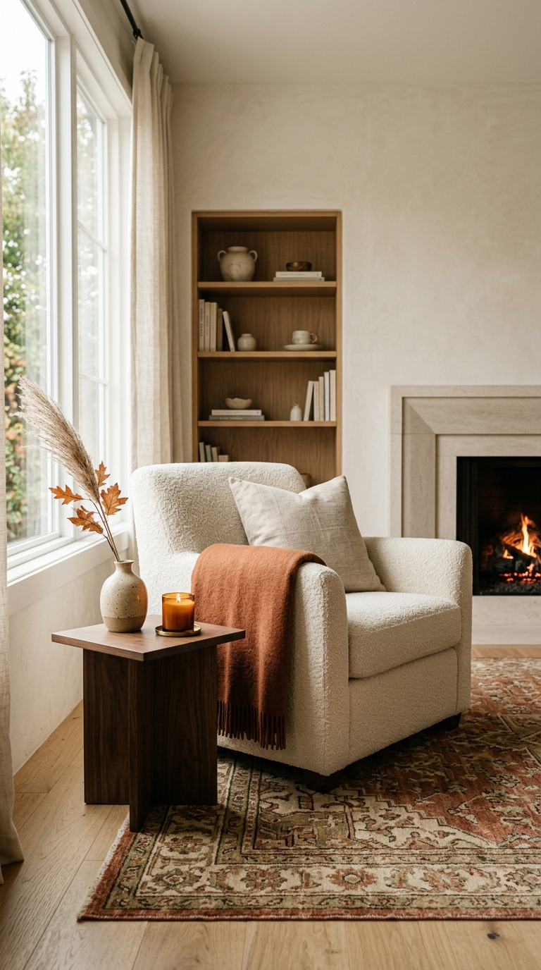 Budget-friendly fall living room styling with thrifted decor and warm accents