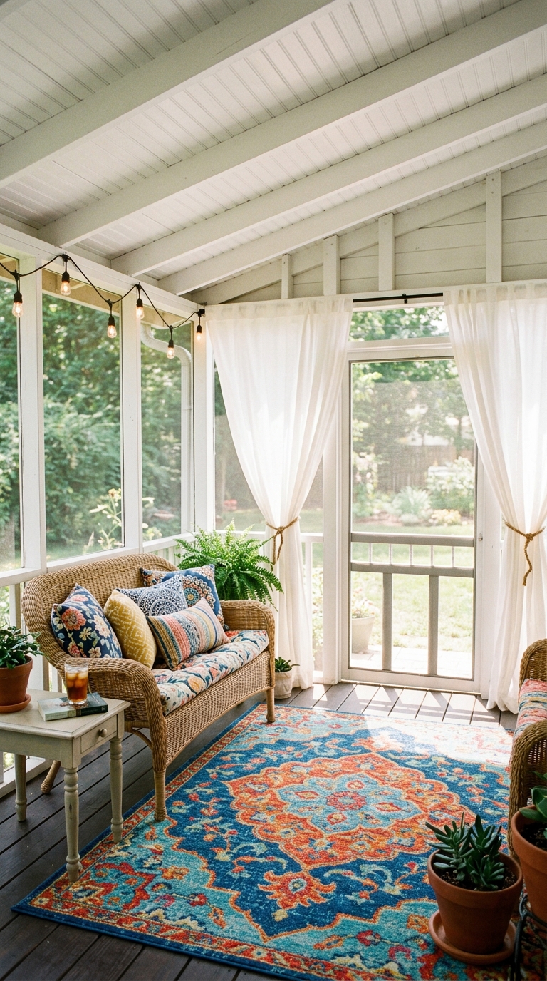 Budget-friendly enclosed screened porch upgrade idea with paint and textiles