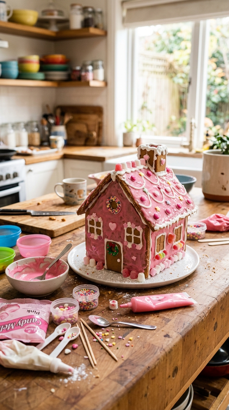Easy pink gingerbread house made from a store-bought kit with pink candy melts