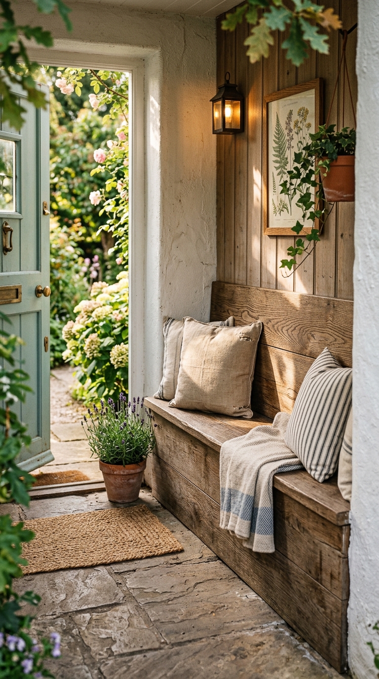 Built-in bench seating idea for a small front porch corner
