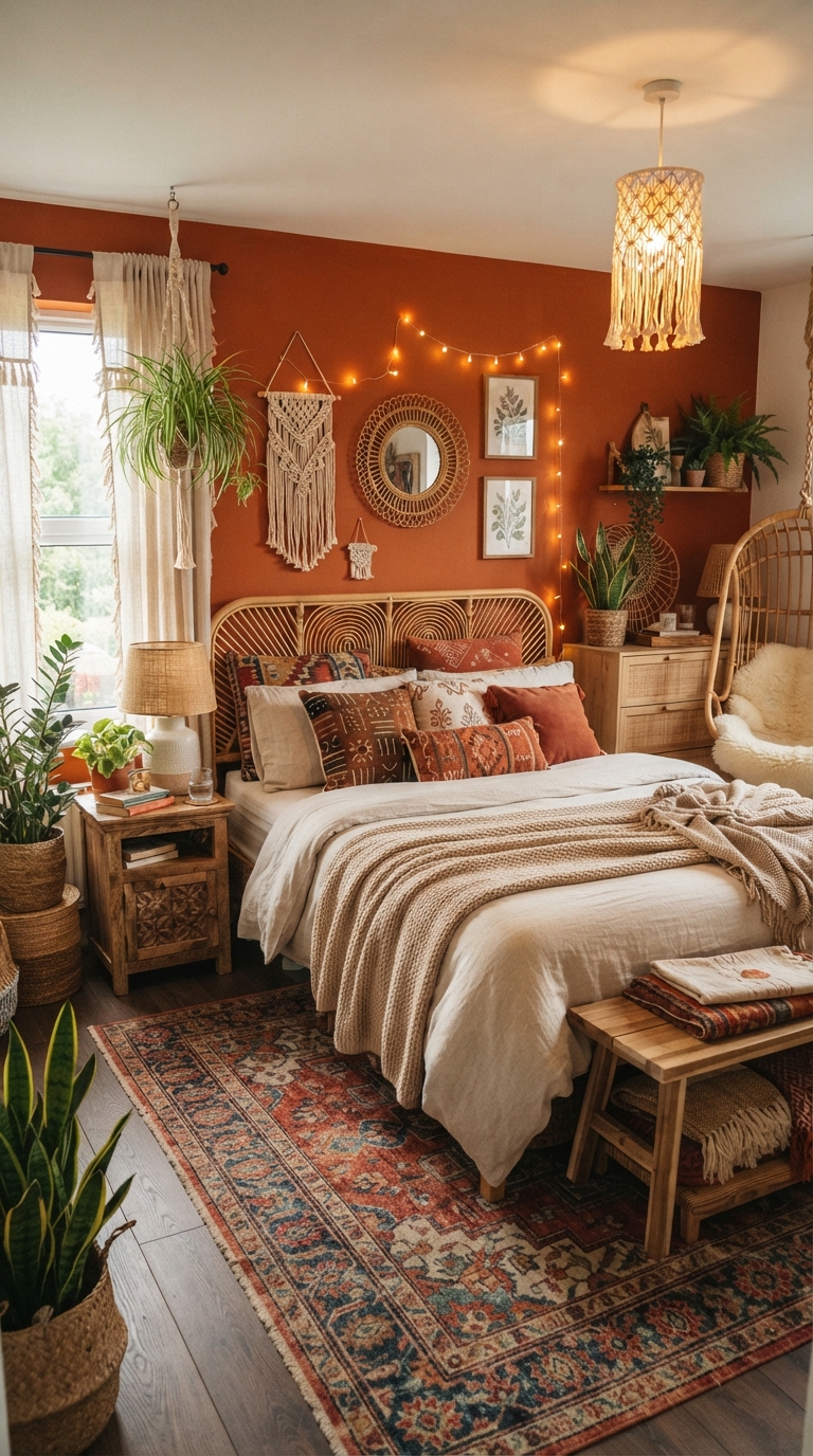 Burnt orange accent wall adding warmth to a bohemian-style bedroom