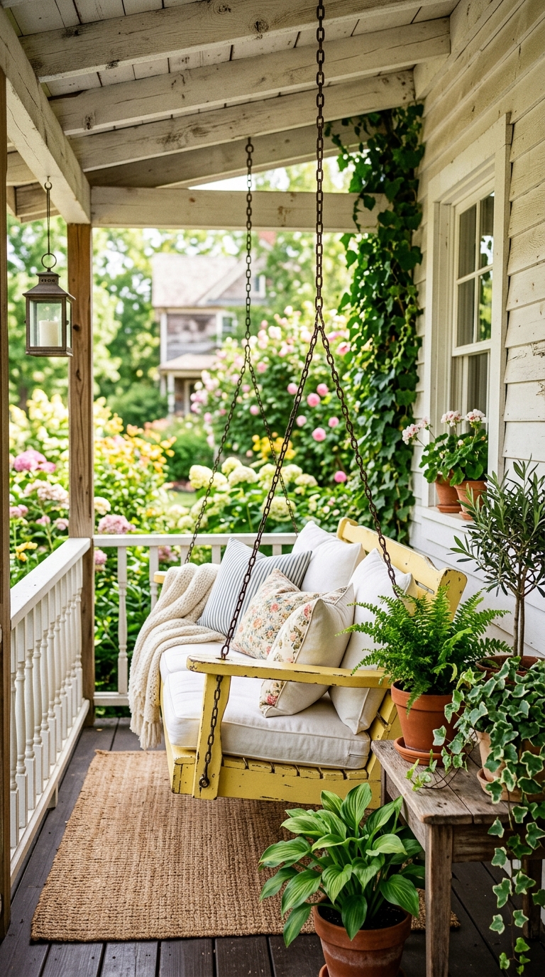 Butter yellow porch swing styled for a cheerful cottagecore front porch