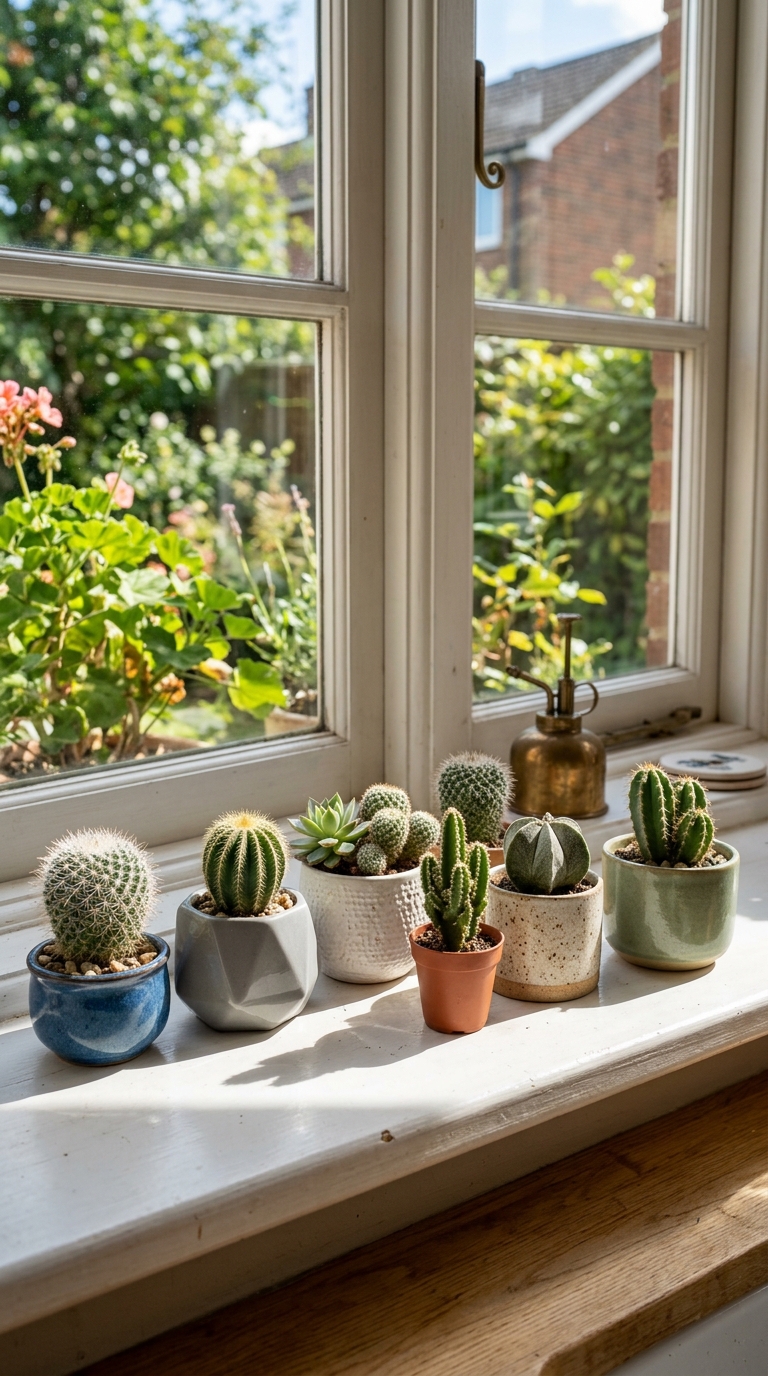 Small cactus collection displayed on a bright kitchen windowsill
