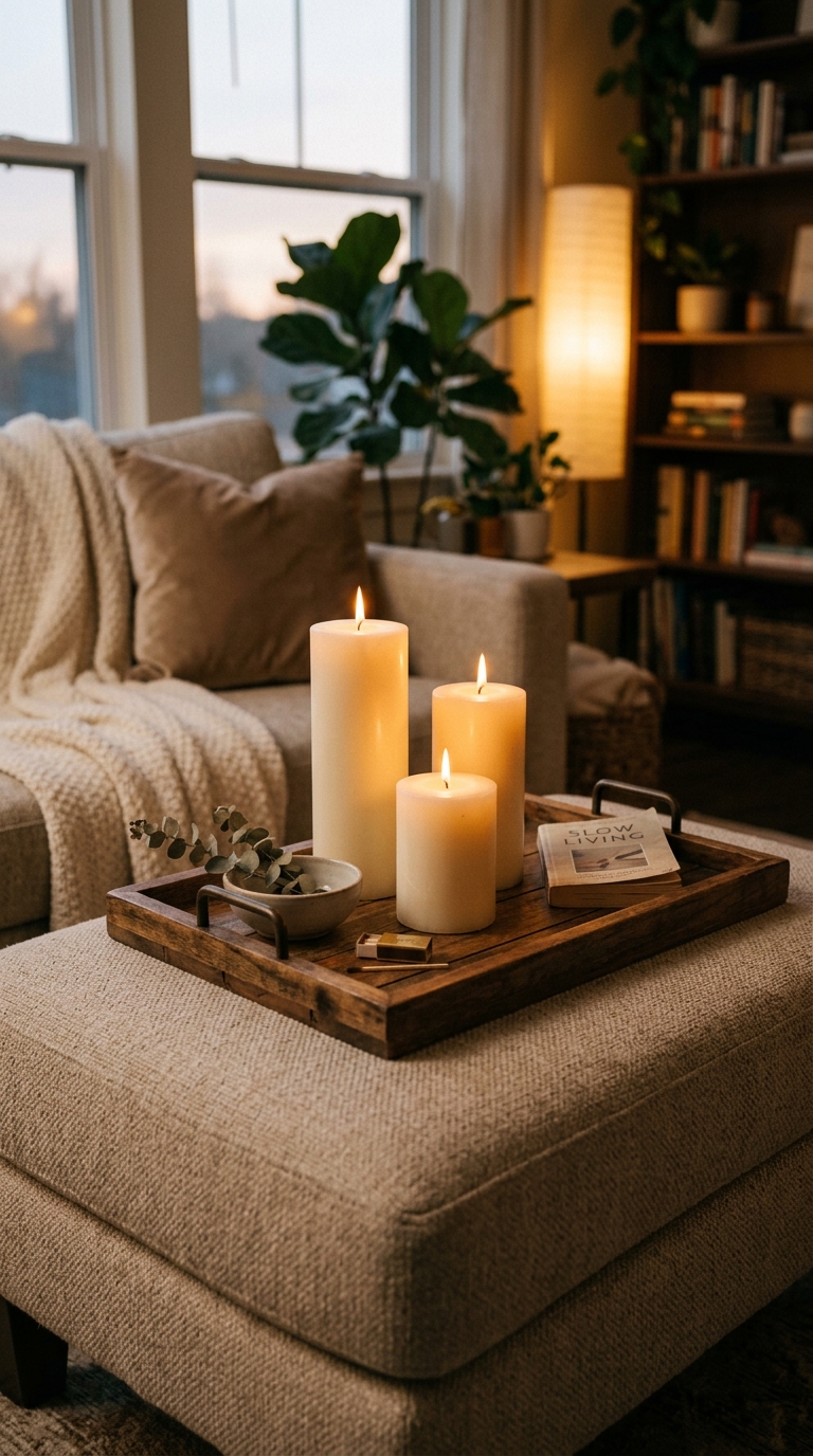 Trio of candles styled on an ottoman coffee table tray for cozy ambiance