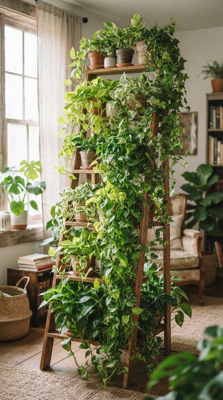Cascading tiered plant stand with trailing pothos and ivy spilling down each level