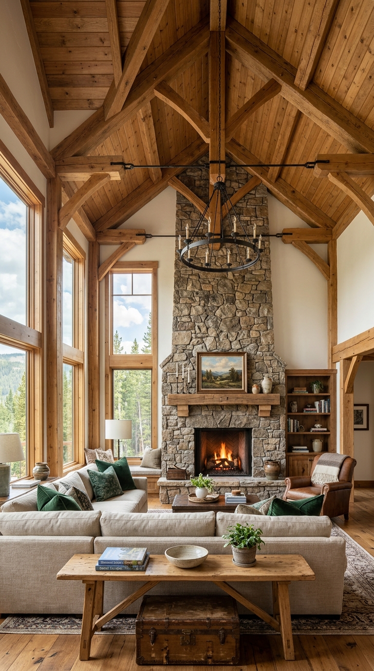 Cathedral vaulted ceiling with exposed beams above a stone fireplace