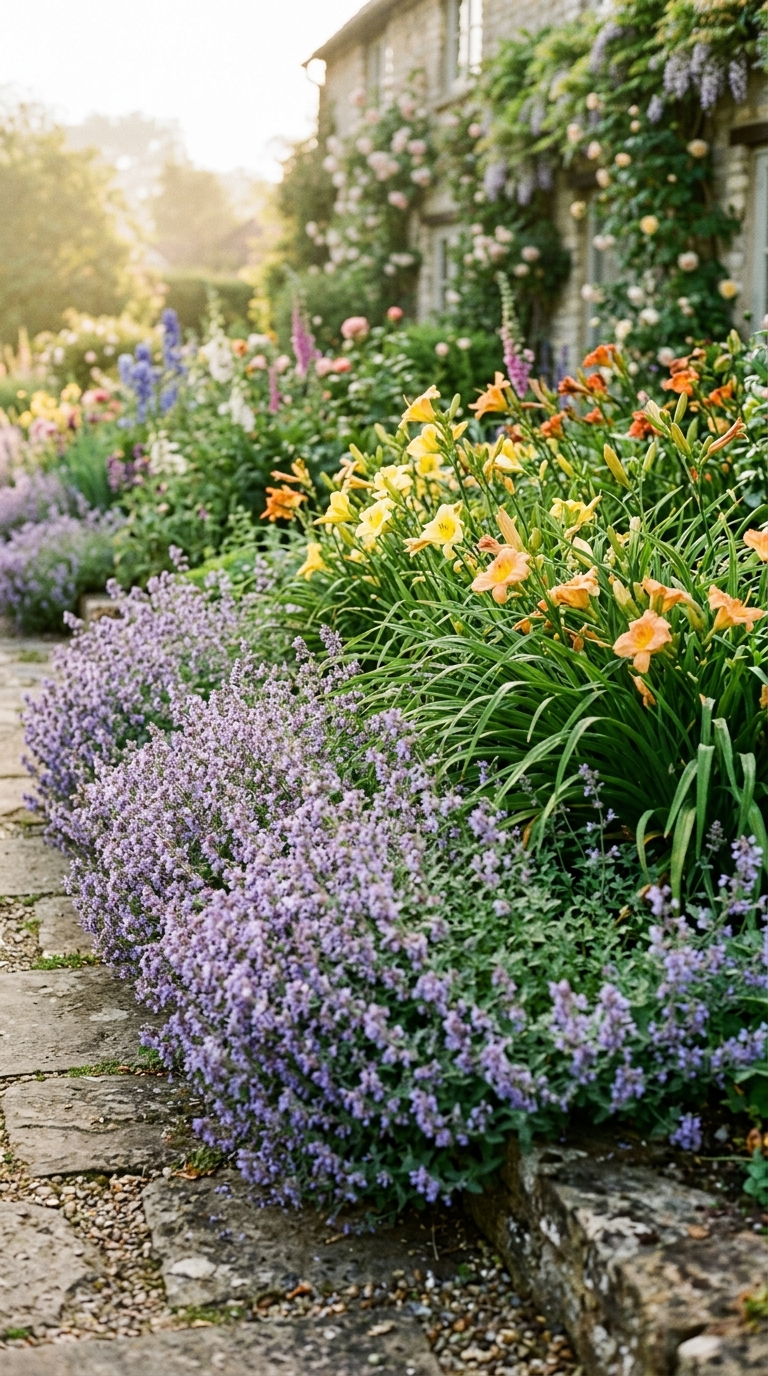Lavender catmint planted along the border of a daylily garden bed