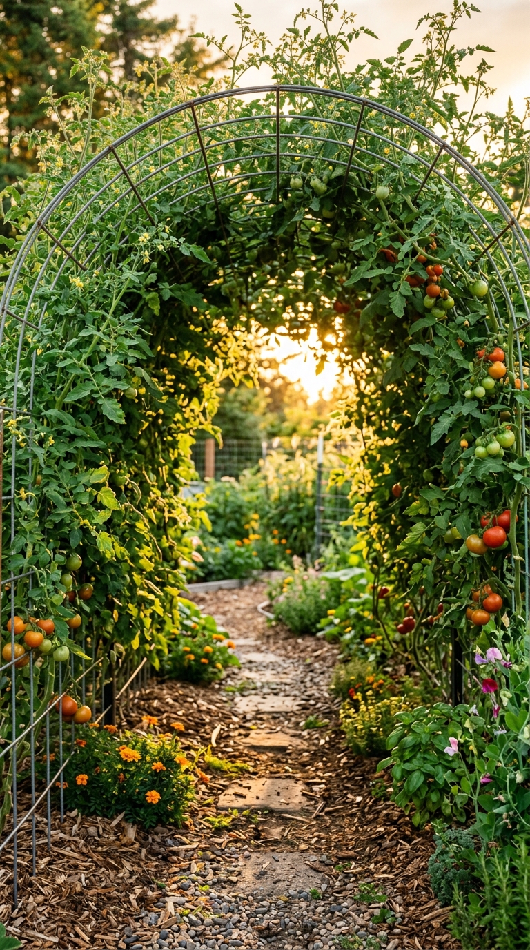Cattle panel arch tomato trellis covered in climbing vines forming a garden tunnel