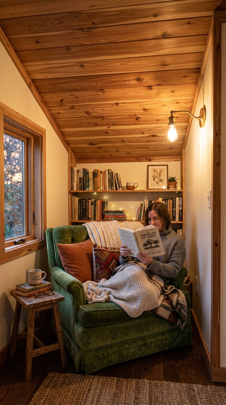 Cedar liner ceiling accent in cozy reading nook