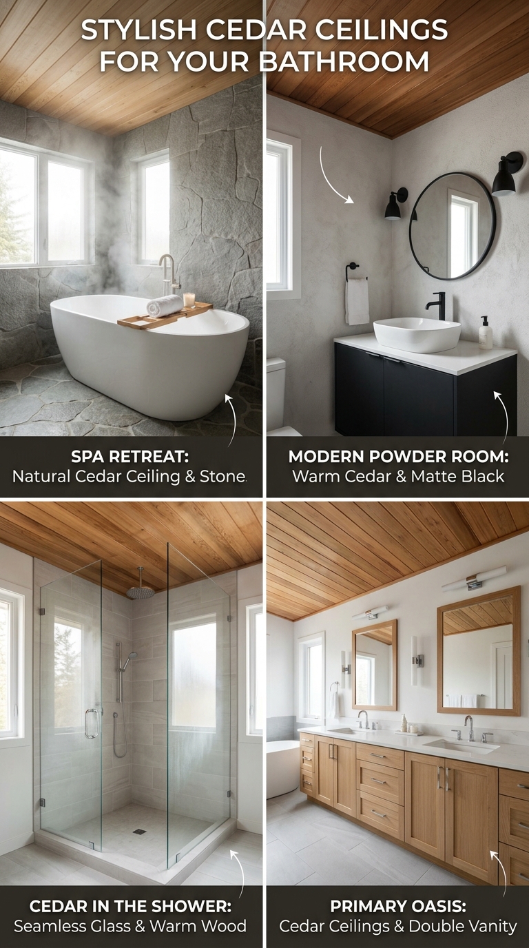 Spa-style bathroom featuring a natural cedar plank ceiling paired with stone tile and a freestanding tub.