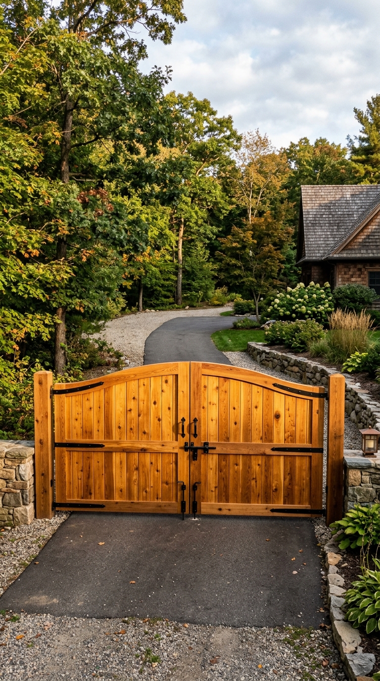 Cedar privacy driveway gate with solid wood panels