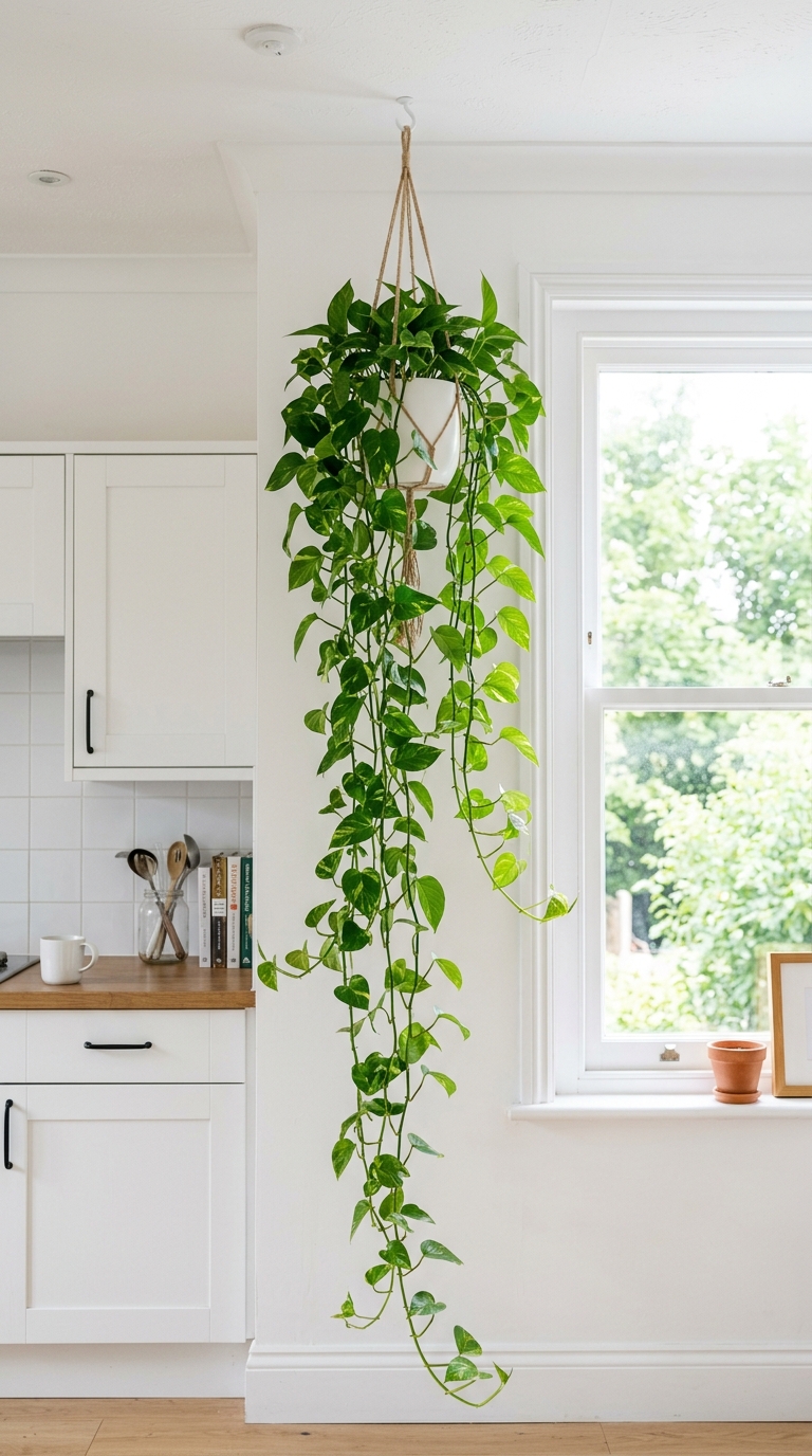Ceiling-hung trailing plant near a kitchen window