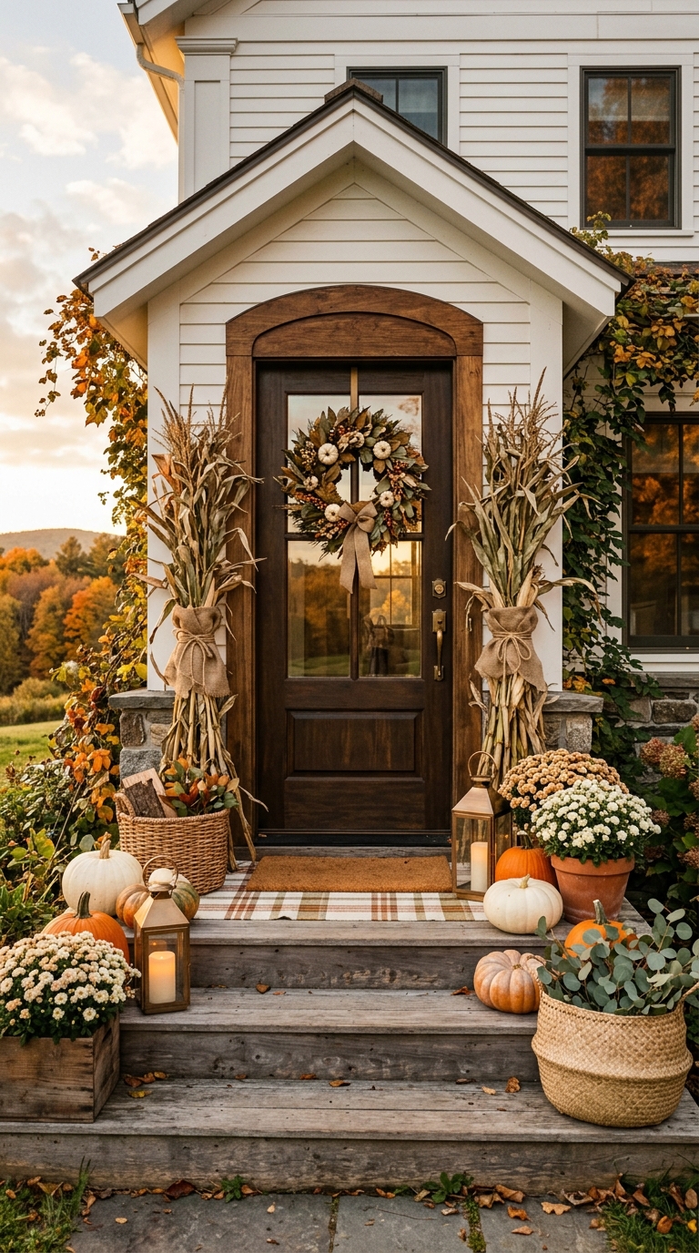 Matte ceramic stoneware pumpkins styled on a farmhouse porch step