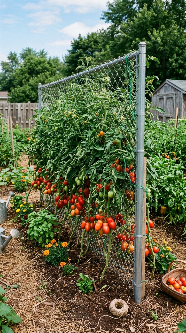DIY chain link trellis for budget-friendly tomato plant support