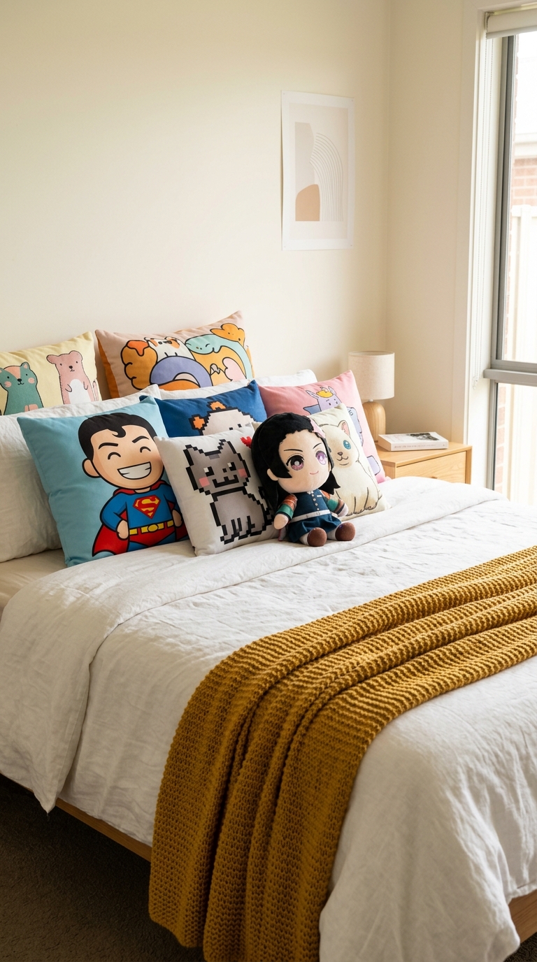 Layered character throw pillows styled on kids' bedroom bed