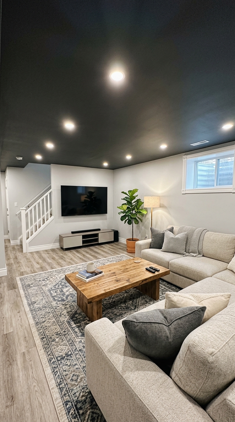 Charcoal gray painted basement ceiling in a bright family room