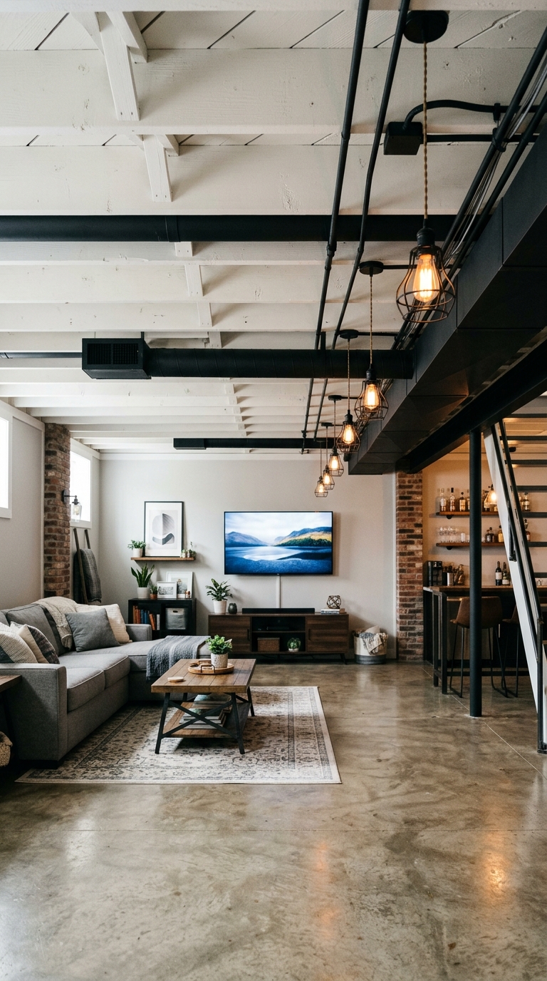 Charcoal gray painted basement ceiling in a bright family room