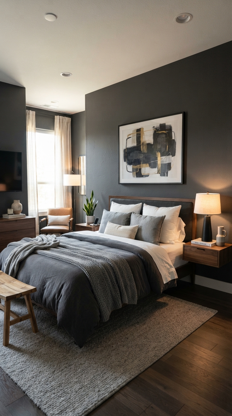 Charcoal gray bedroom walls with a sophisticated, cozy feel