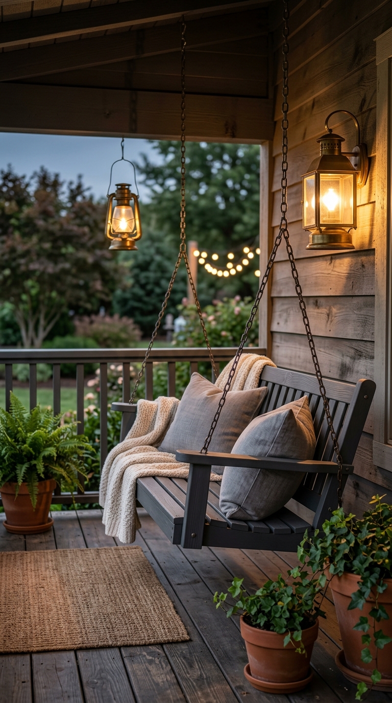 Charcoal grey porch swing styled with warm lighting on a front porch