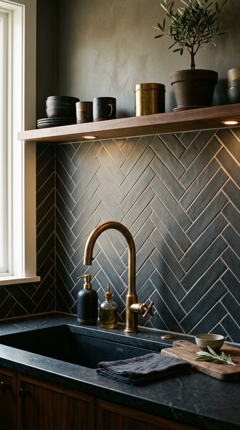Charcoal herringbone backsplash in a moody modern kitchen