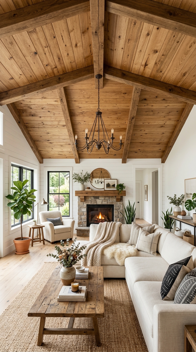 Affordable wood plank ceiling in a modern farmhouse living room.