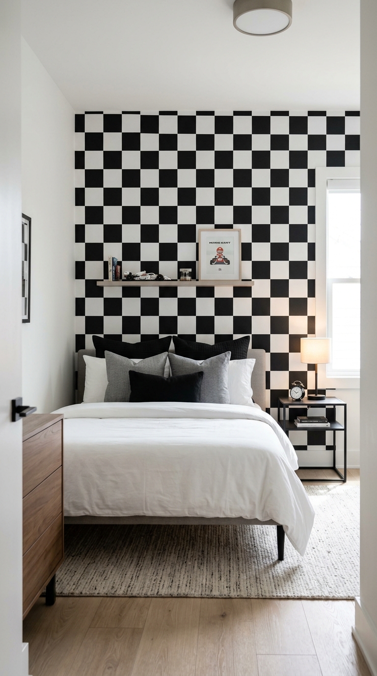 Black and white checkered flag accent wall behind bed in Mario Kart themed bedroom