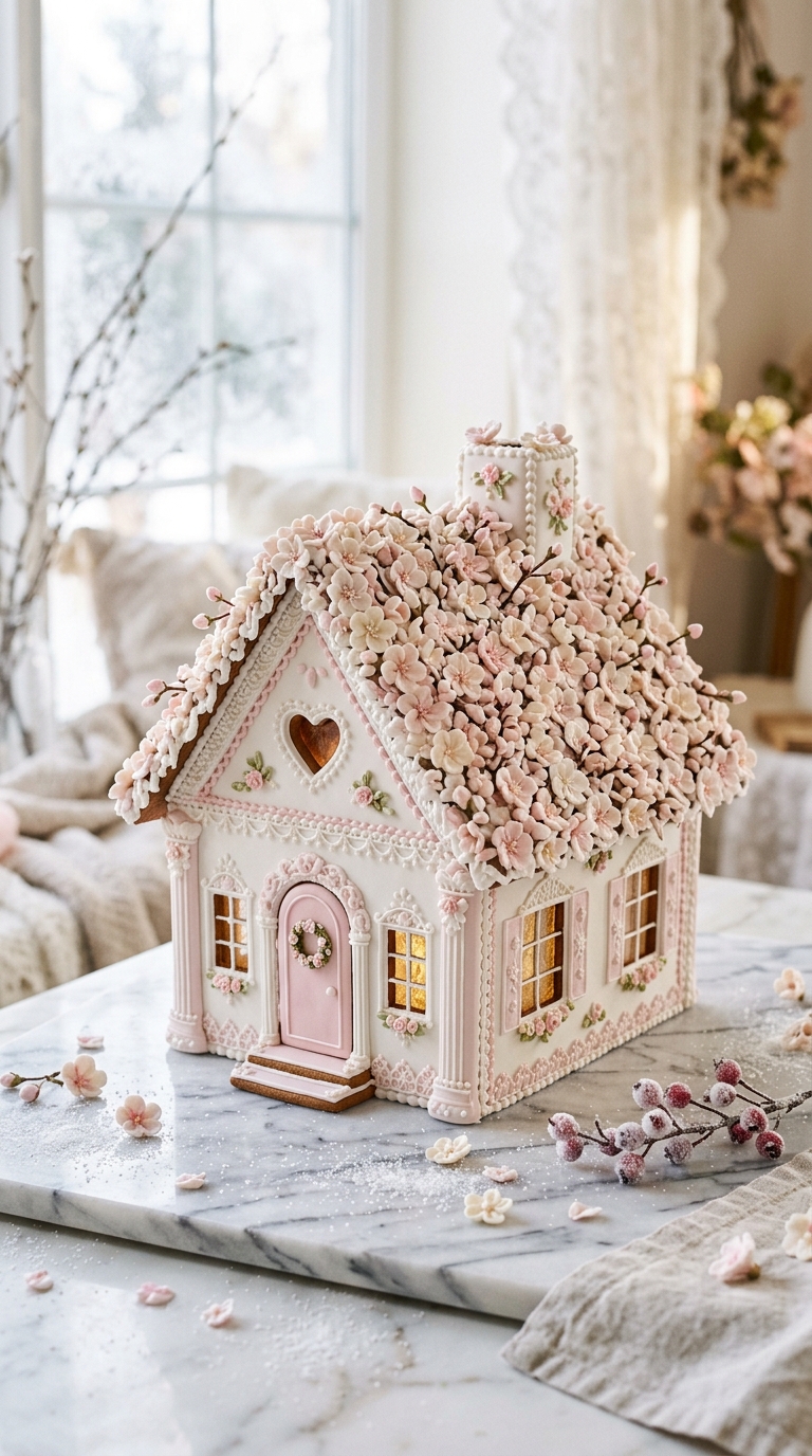 Pink gingerbread house roof covered in piped cherry blossom icing flowers