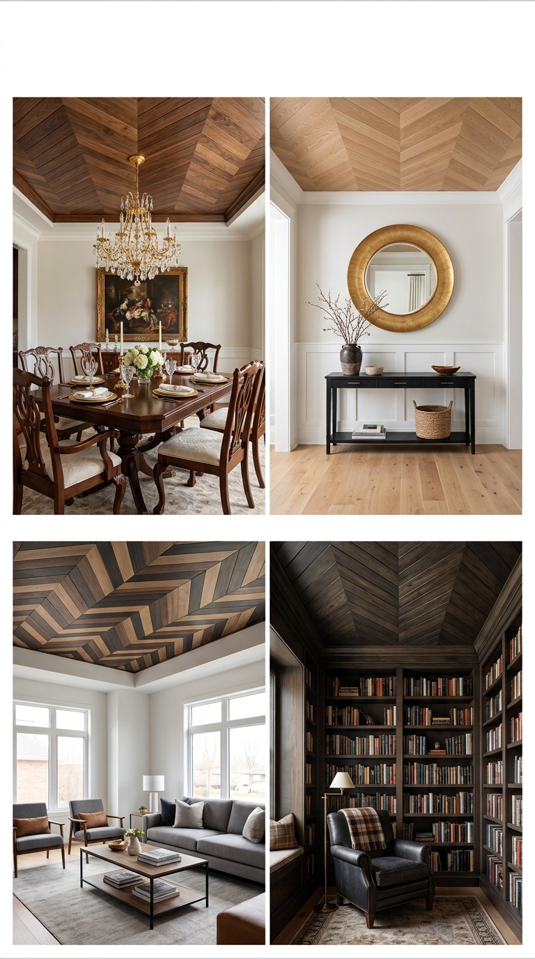 Formal dining room featuring a rich walnut chevron-patterned wood plank ceiling and a gold chandelier.