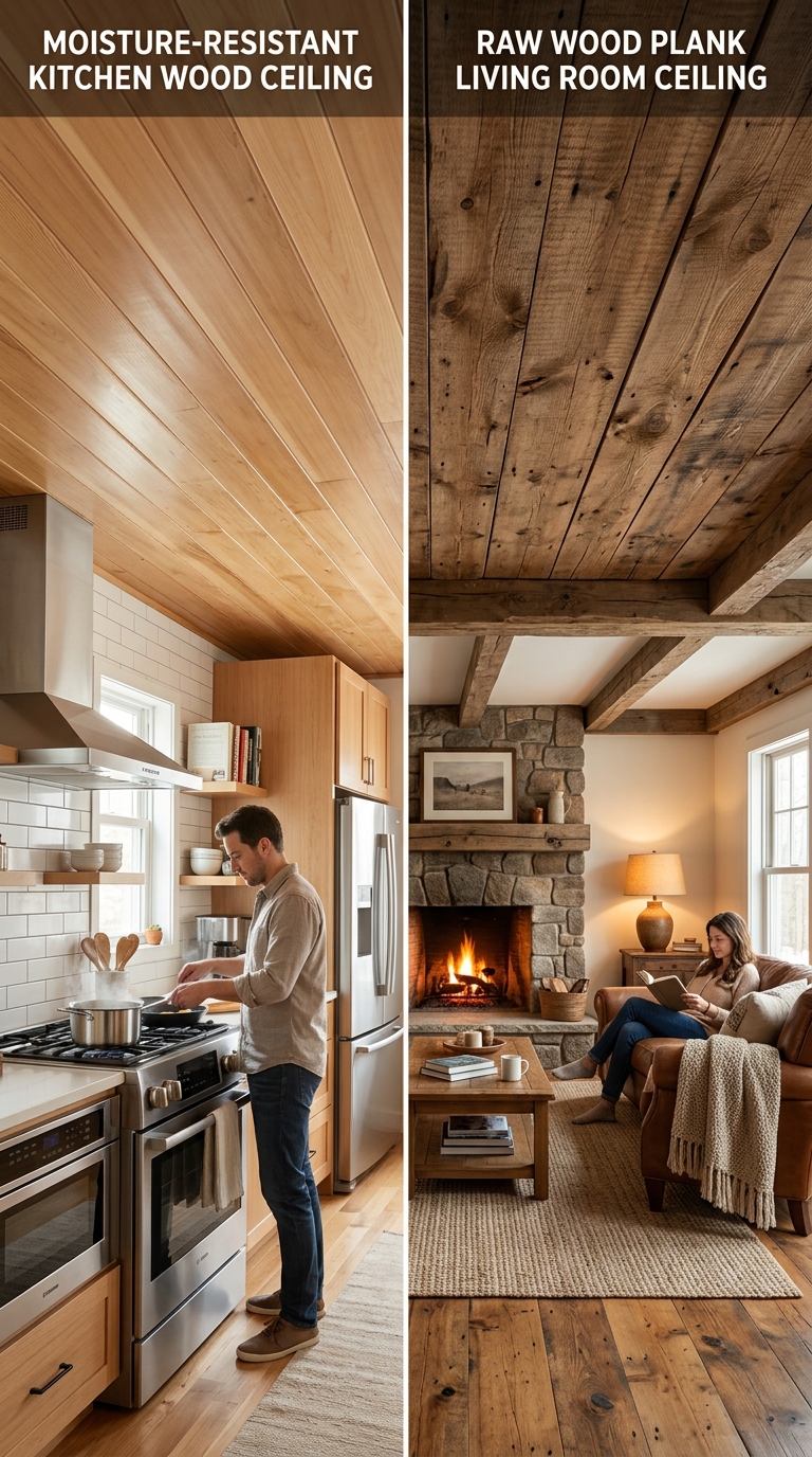 Comparing wood ceiling materials for different rooms