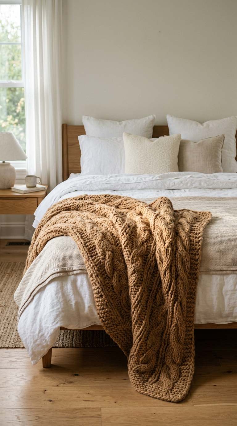 Chunky knit camel throw blanket draped at foot of fall bedroom bed