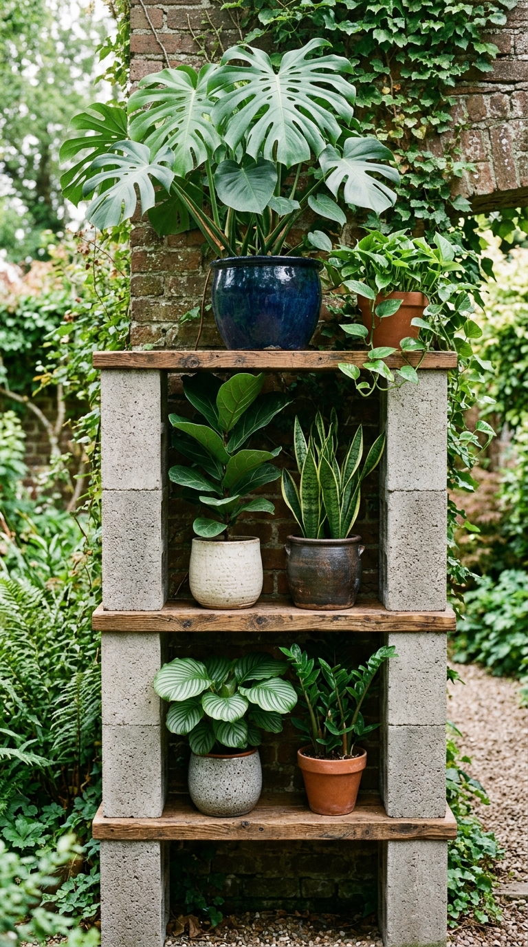 Cinder block and wood plant shelf holding large potted plants in a garden corner