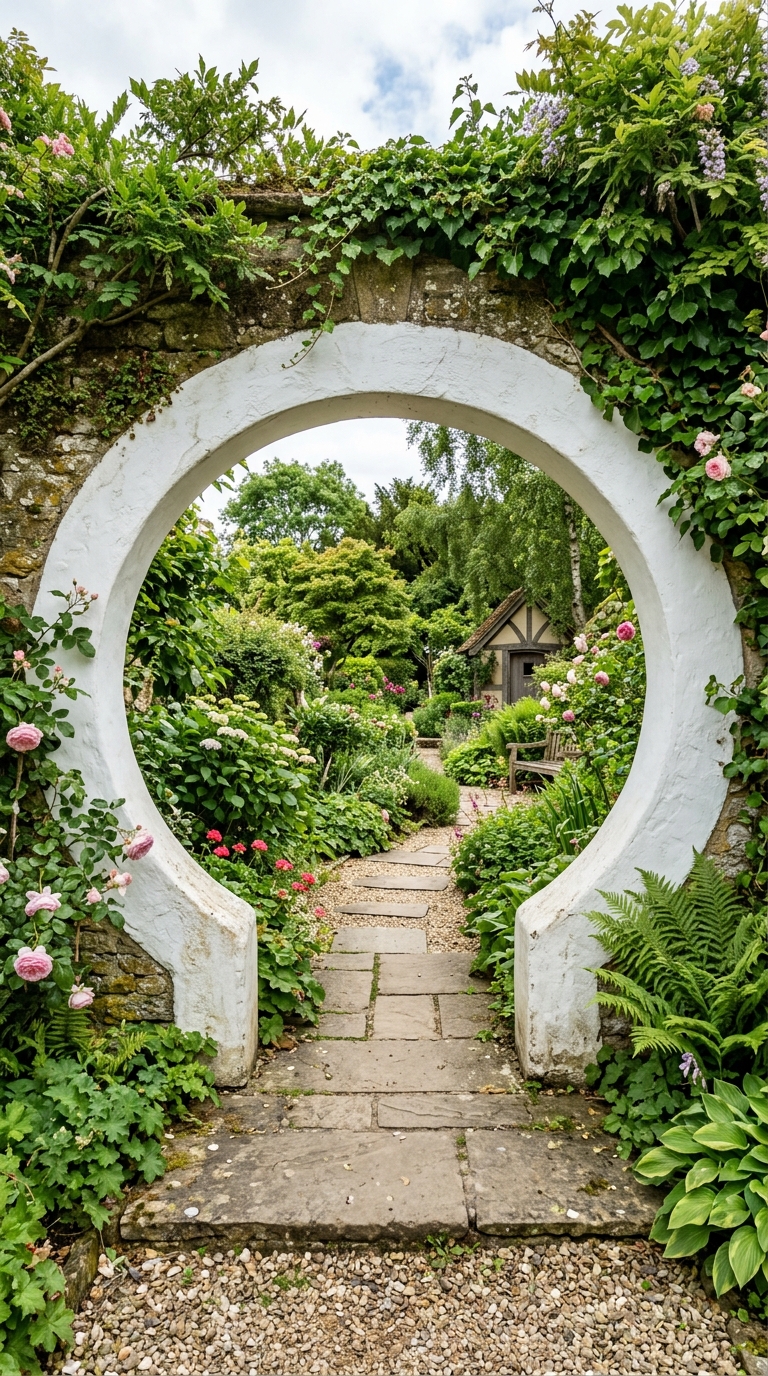 Circular moon gate garden idea framing a lush backyard view