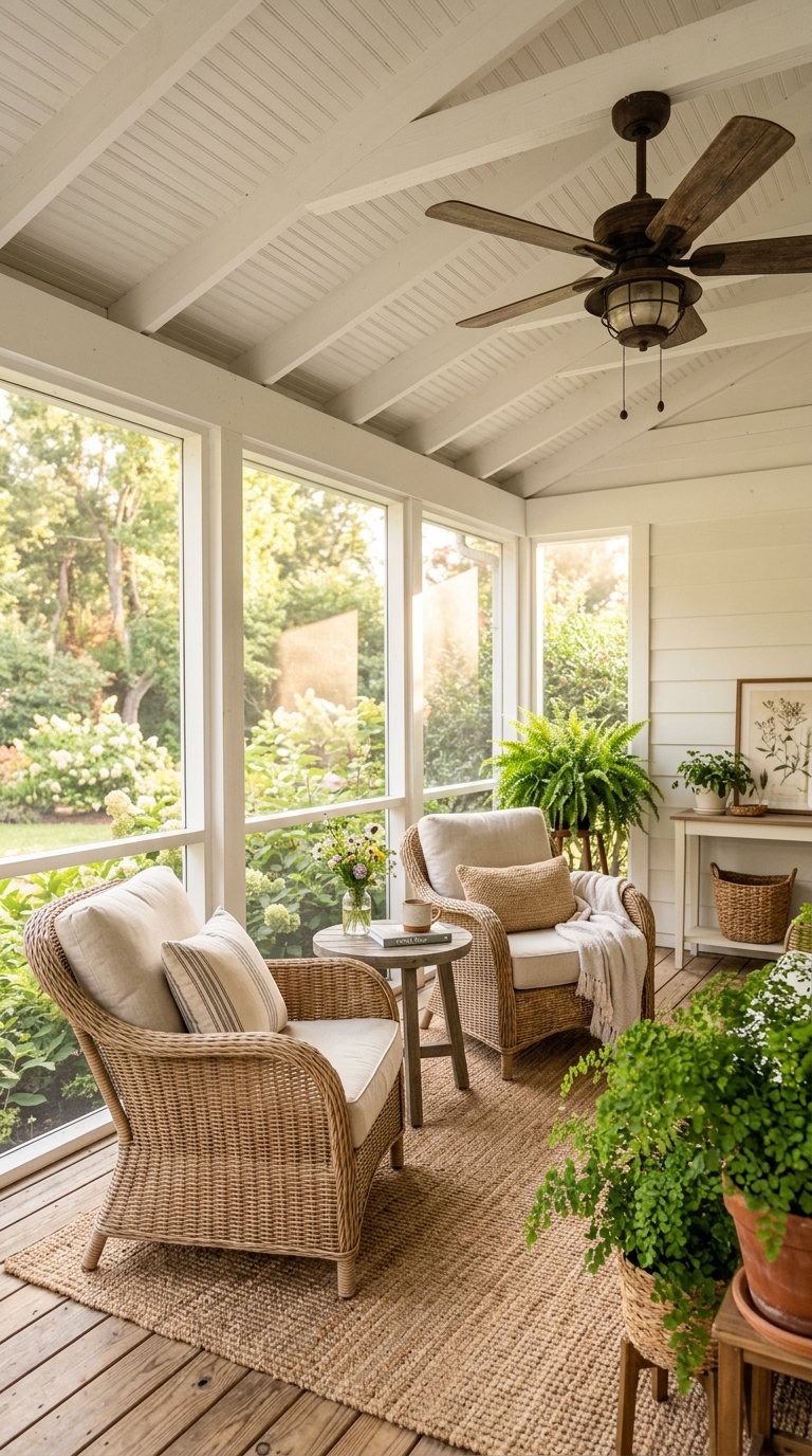 Classic screened porch idea with white beadboard ceiling and wicker seating