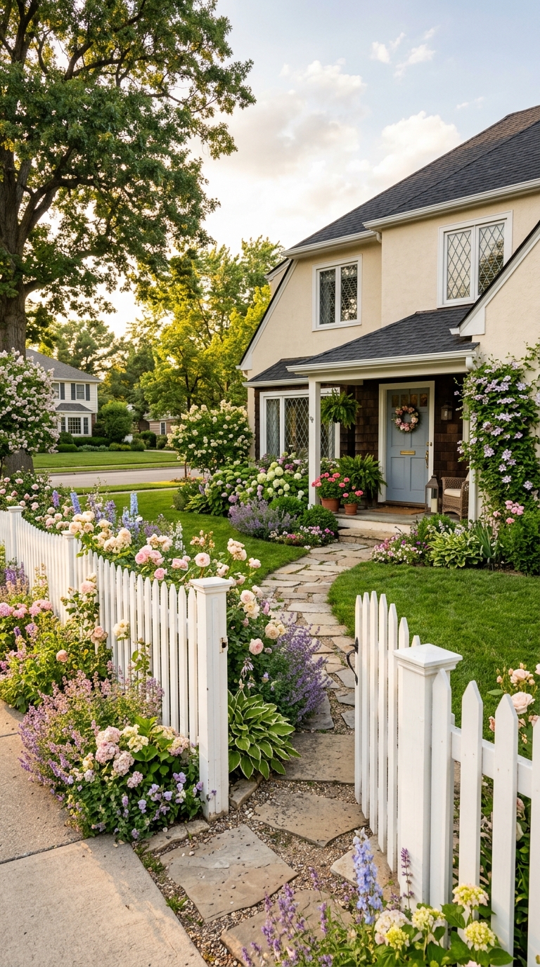 classic white picket fence idea for front yard curb appeal
