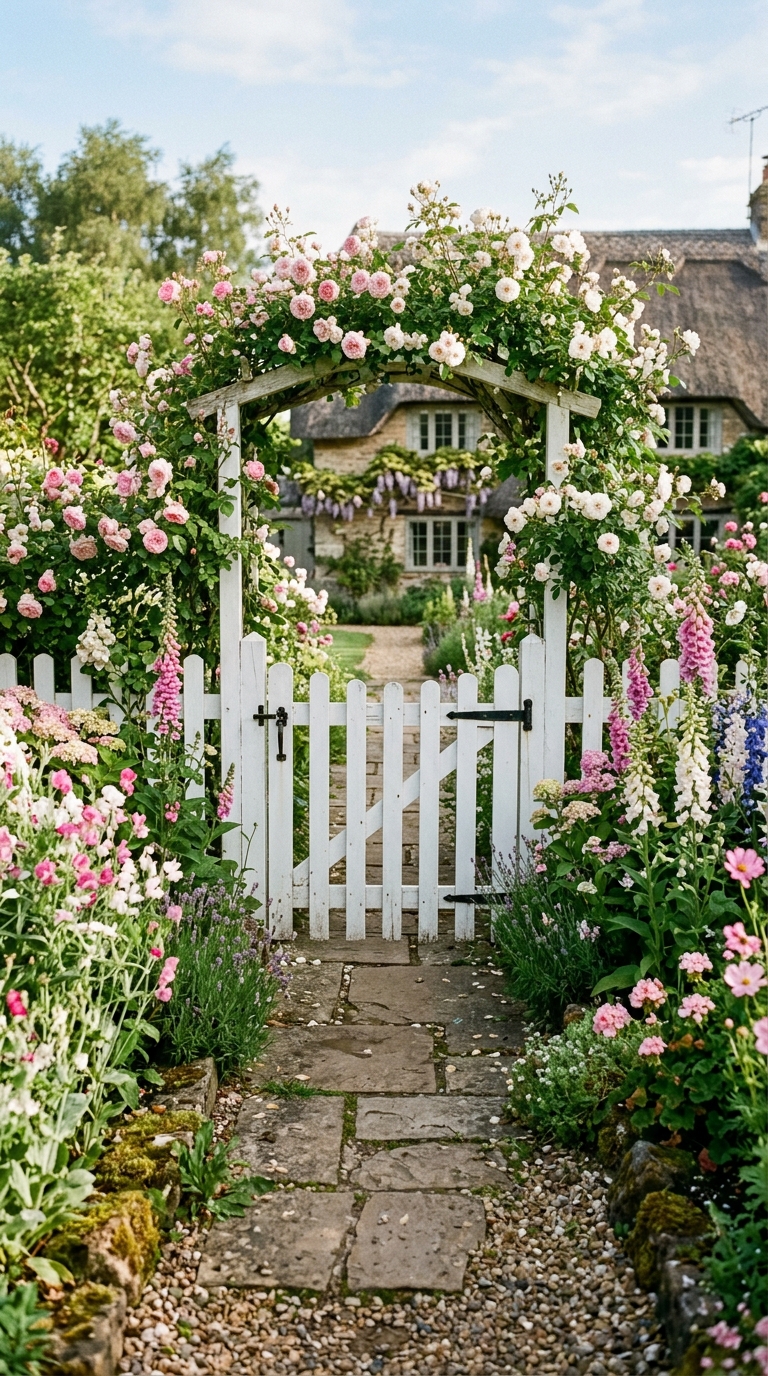 Classic white picket DIY garden gate in a cottage gar.den