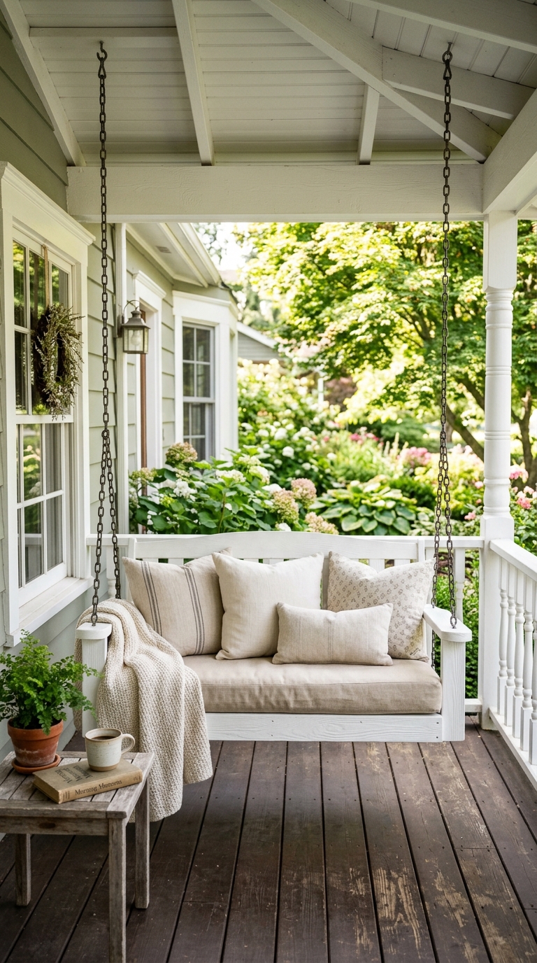 Classic white porch swing styled with linen cushions on a front porch