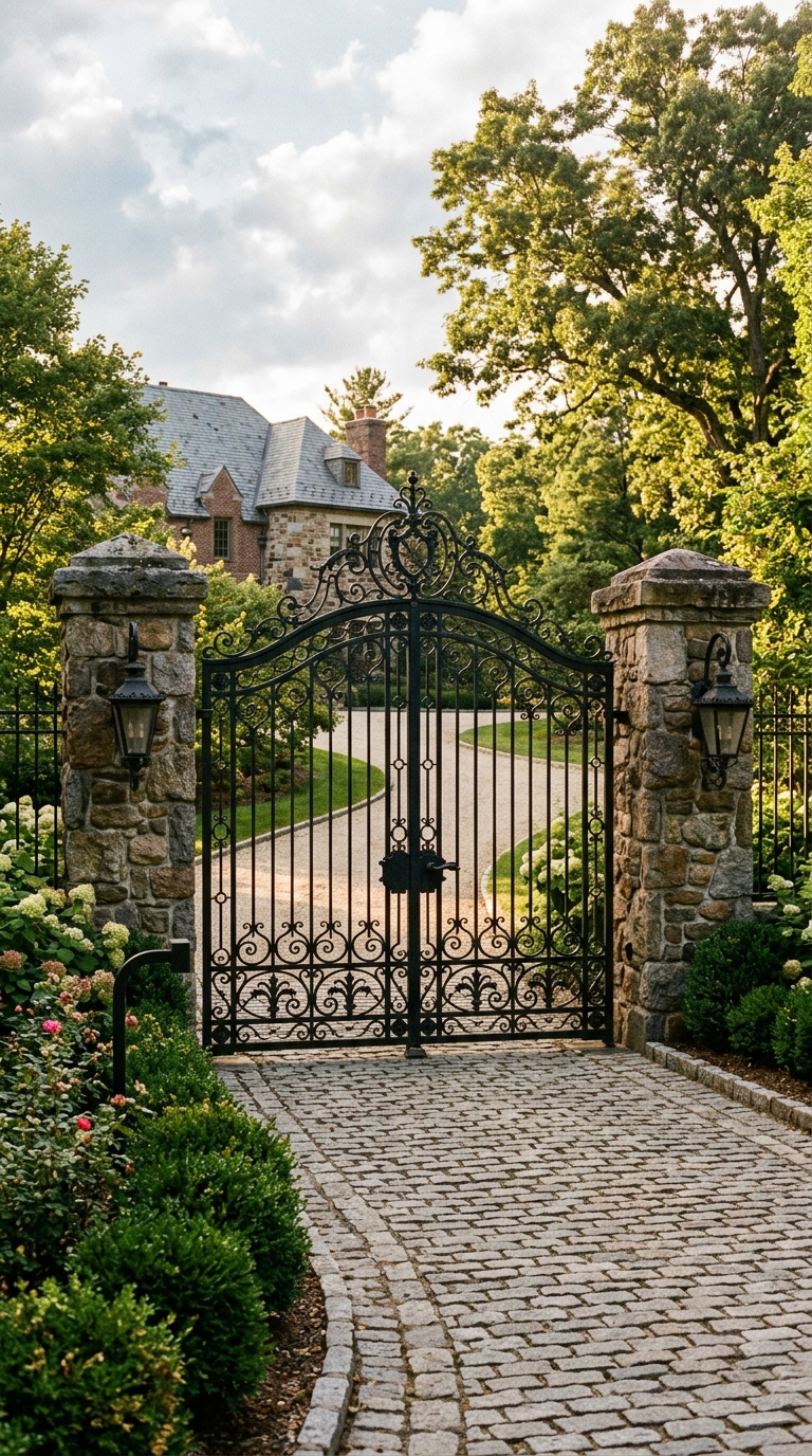 Classic wrought iron driveway gate with scrollwork design