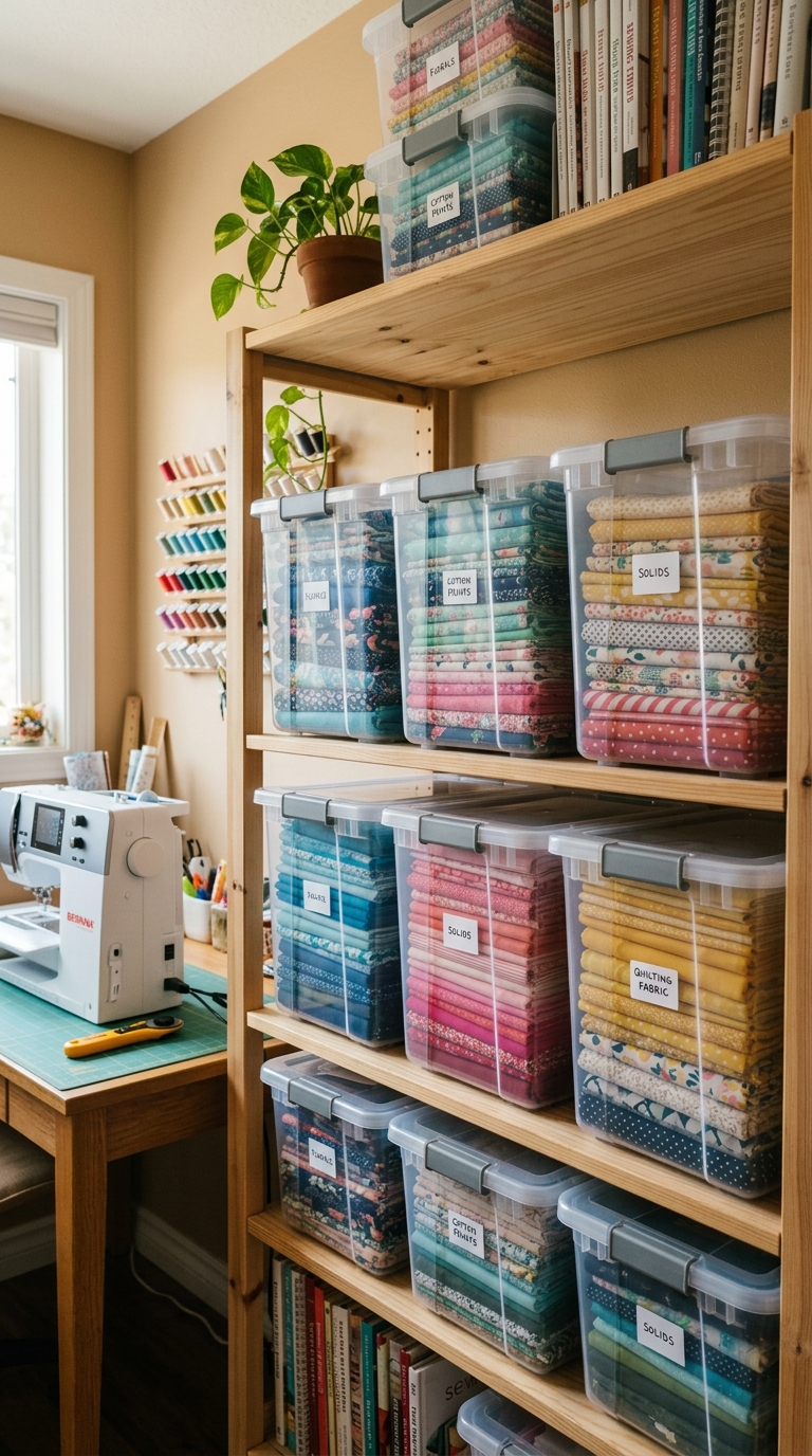 Clear storage bins organizing visible fabric stash in craft room