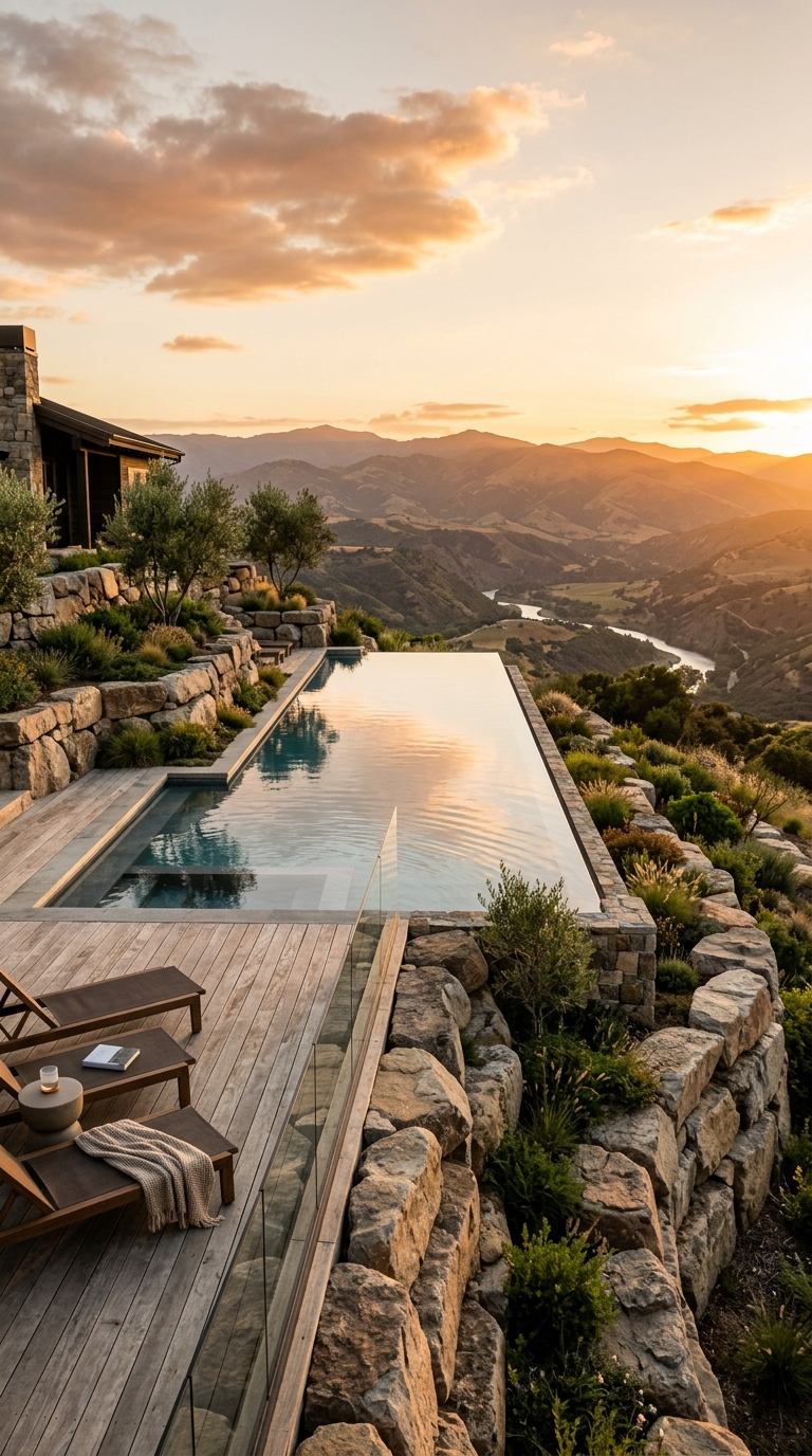 Elevated natural boulder pool design on a hillside property with a scenic view