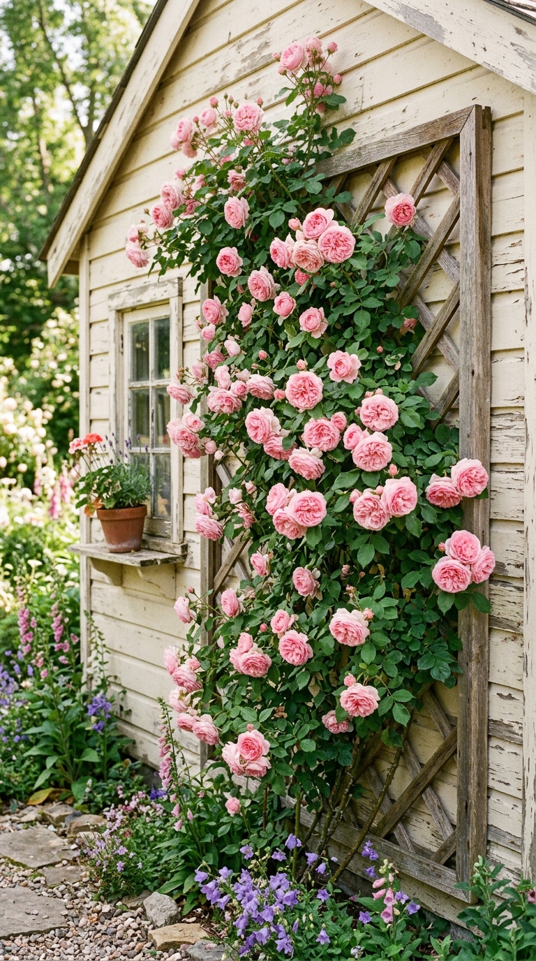 Climbing rose trained on a wood trellis against a garden shed