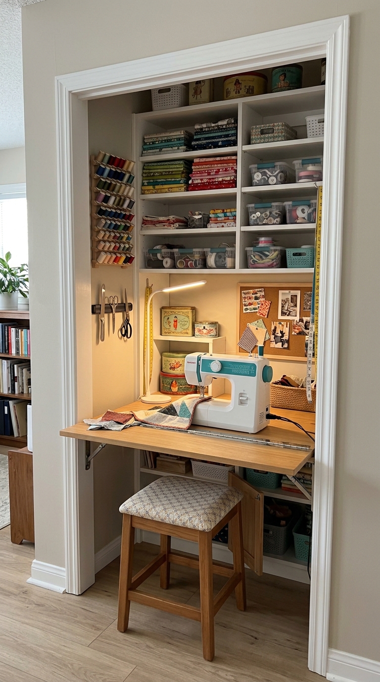 Small closet converted into a functional sewing room nook