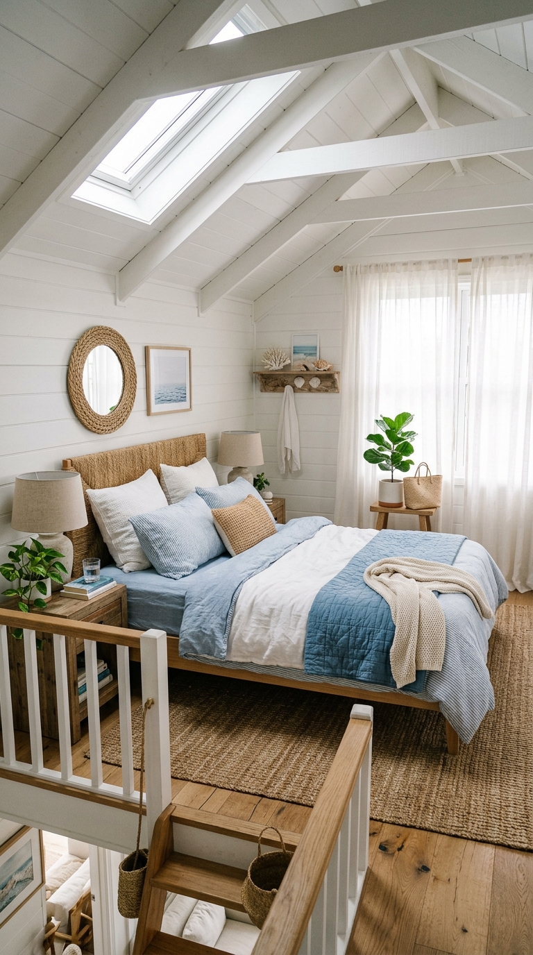 Coastal loft bedroom with soft blue and white color palette