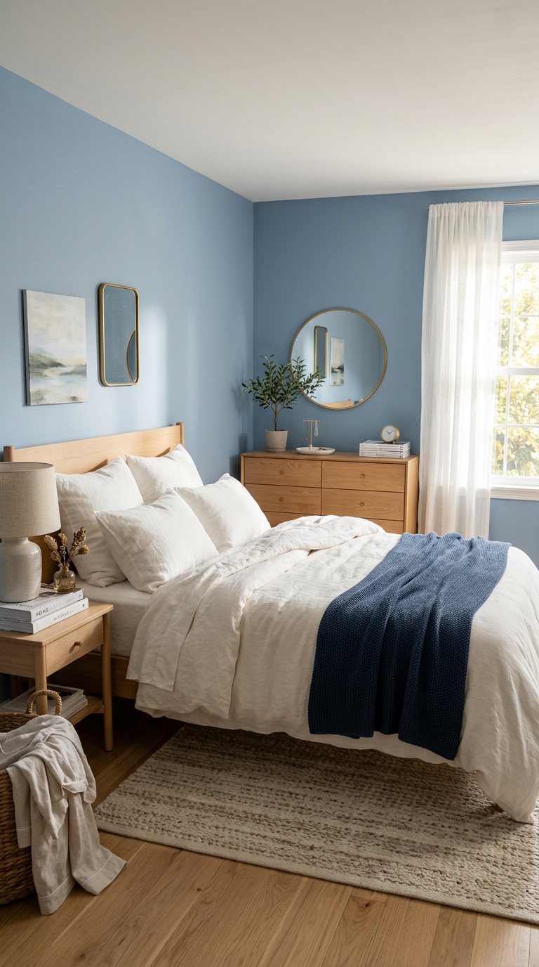 A coastal granddaughter's bedroom idea using a soft blue and white color palette with layered bedding and natural light.
