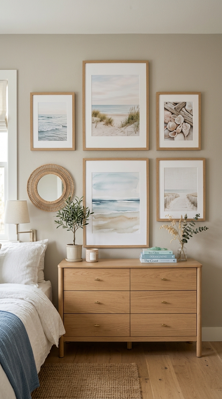 A simple gallery wall of coastal prints adds character to this coastal granddaughter bedroom idea