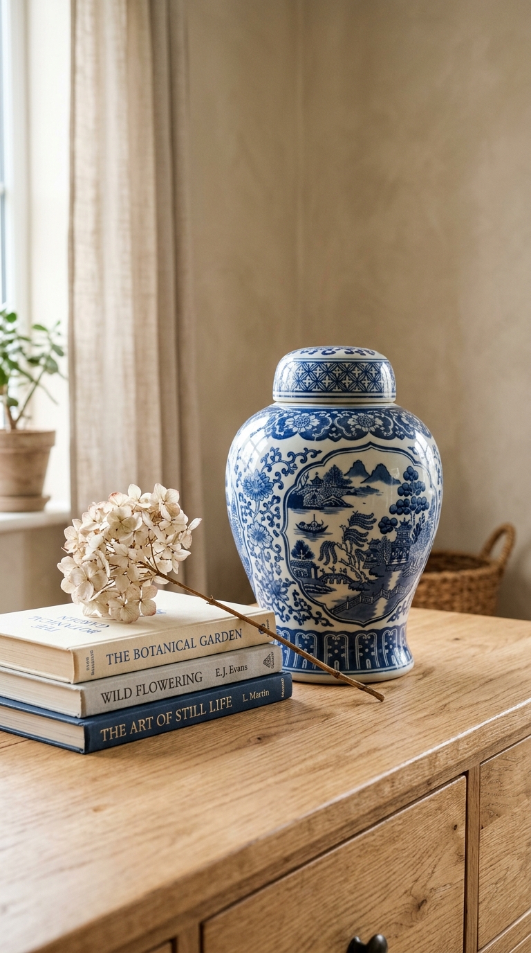 A blue and white ginger jar styled on a dresser, a classic coastal granddaughter bedroom idea