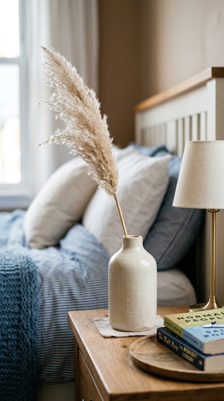 simple vase of dried florals adds natural charm to this coastal granddaughter bedroom idea