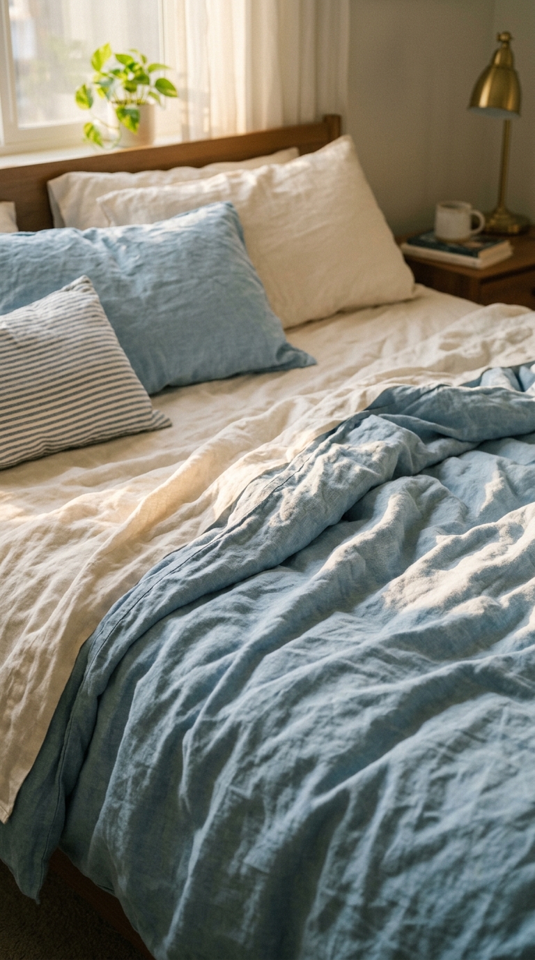 Soft linen bedding in warm white and blue tones, a simple coastal granddaughter bedroom idea for a relaxed look.