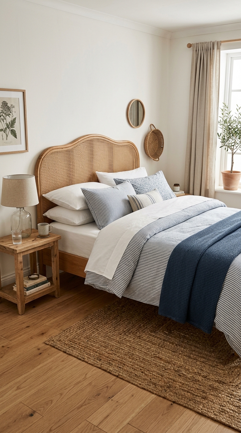 A rattan headboard adds natural texture to this coastal granddaughter bedroom idea.