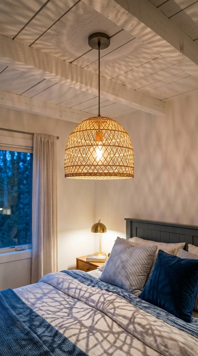 A woven rattan pendant light adds texture and warmth to this coastal granddaughter bedroom idea