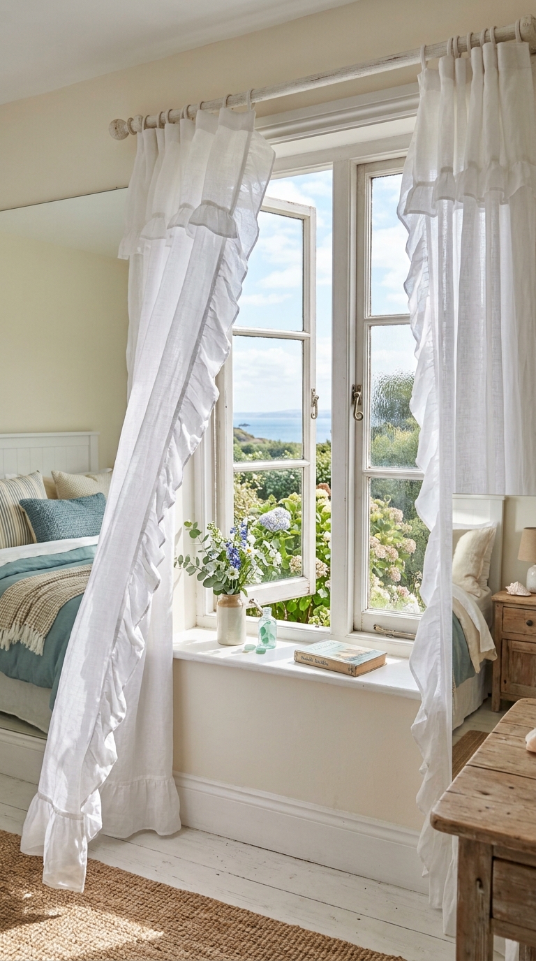 Soft ruffled curtains bring an airy, vintage touch to this coastal granddaughter bedroom idea.